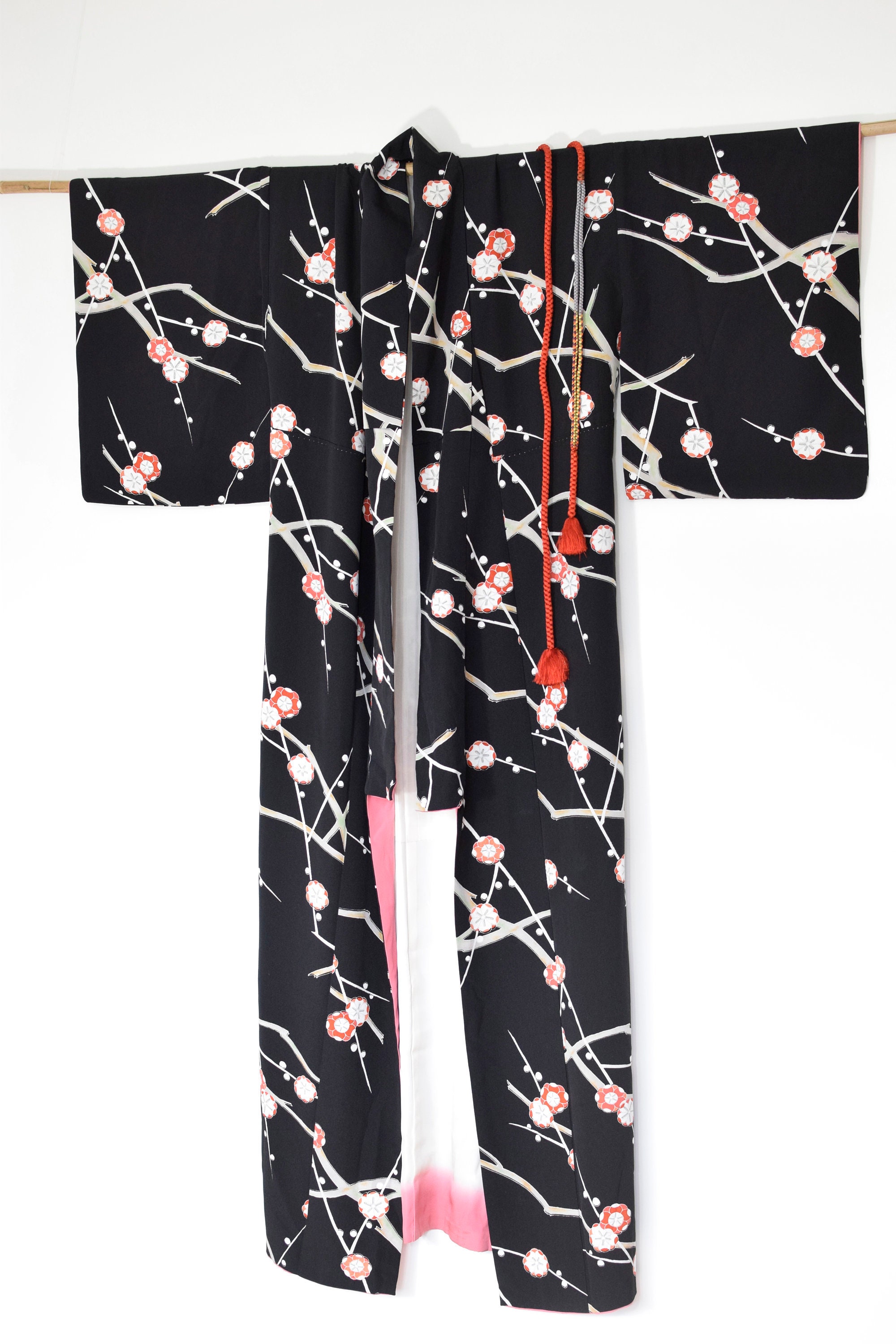 Japanese Vintage Kimono Robe black silk including Obijime (Kumihimo
