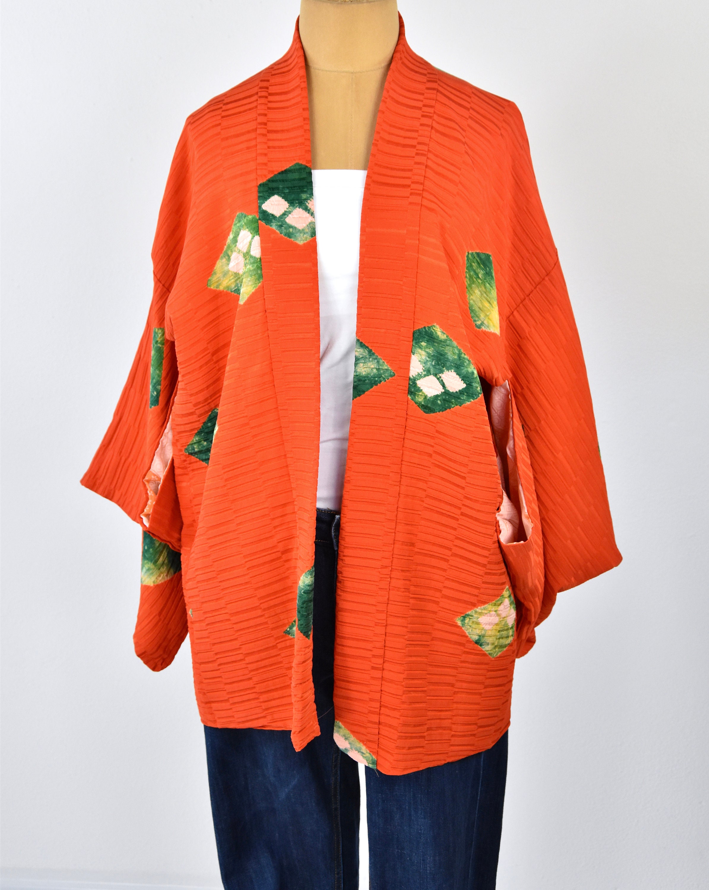 Cleaned Original Japanese Vintage Haori/ orange short silk Kimono ...