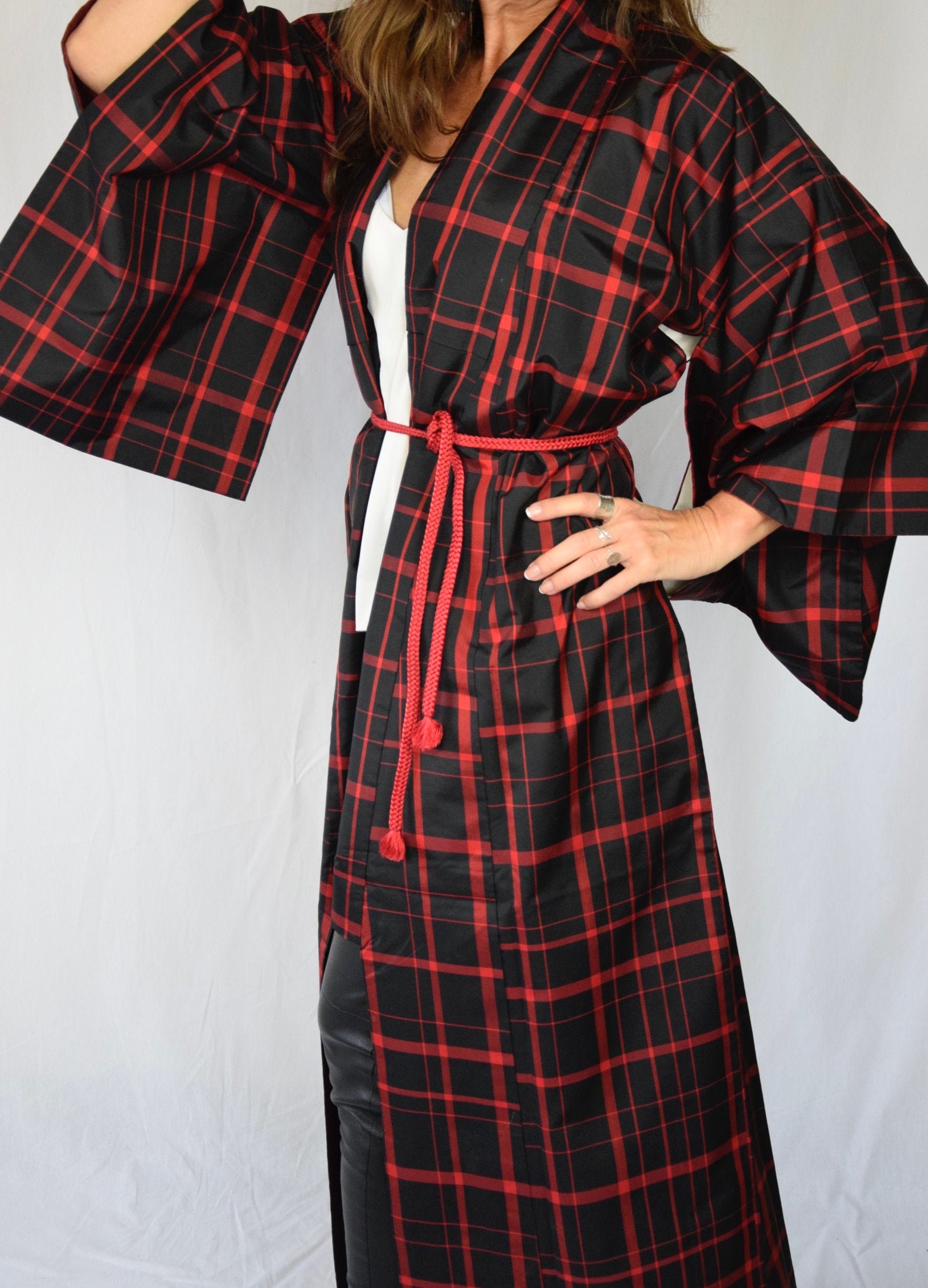 Japanese Vintage Kimono Robe, black red Silk with free Obijime belt, Silk Gown, Silk Robe, Boho