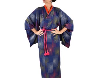 Antique Japanese Vintage Kimono Robe blue and purple including silk Obijime belt / High quality dressing gown / Lounge Wear /