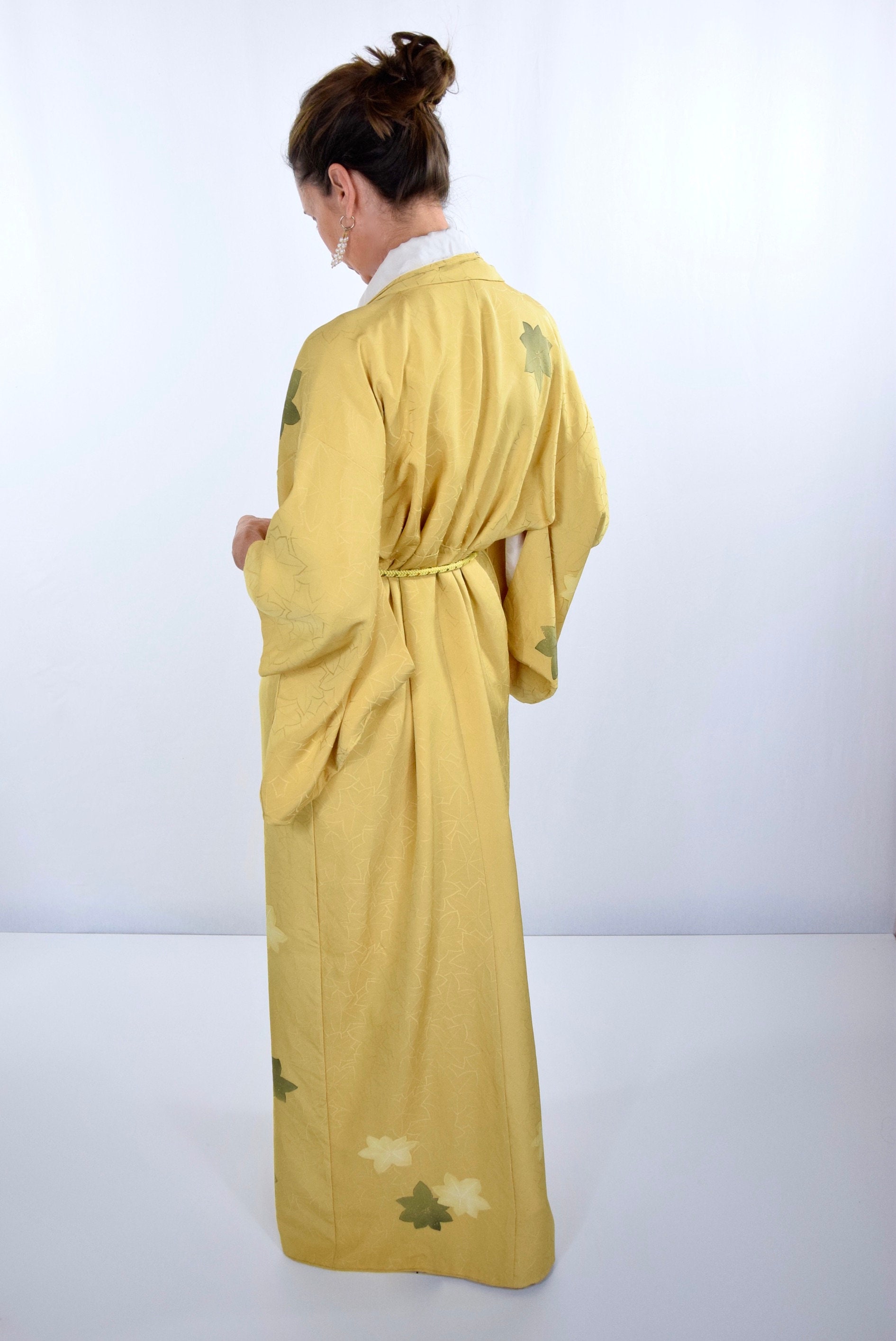 Cleaned Japanese Vintage Kimono Robe in mustard with matching Obijime