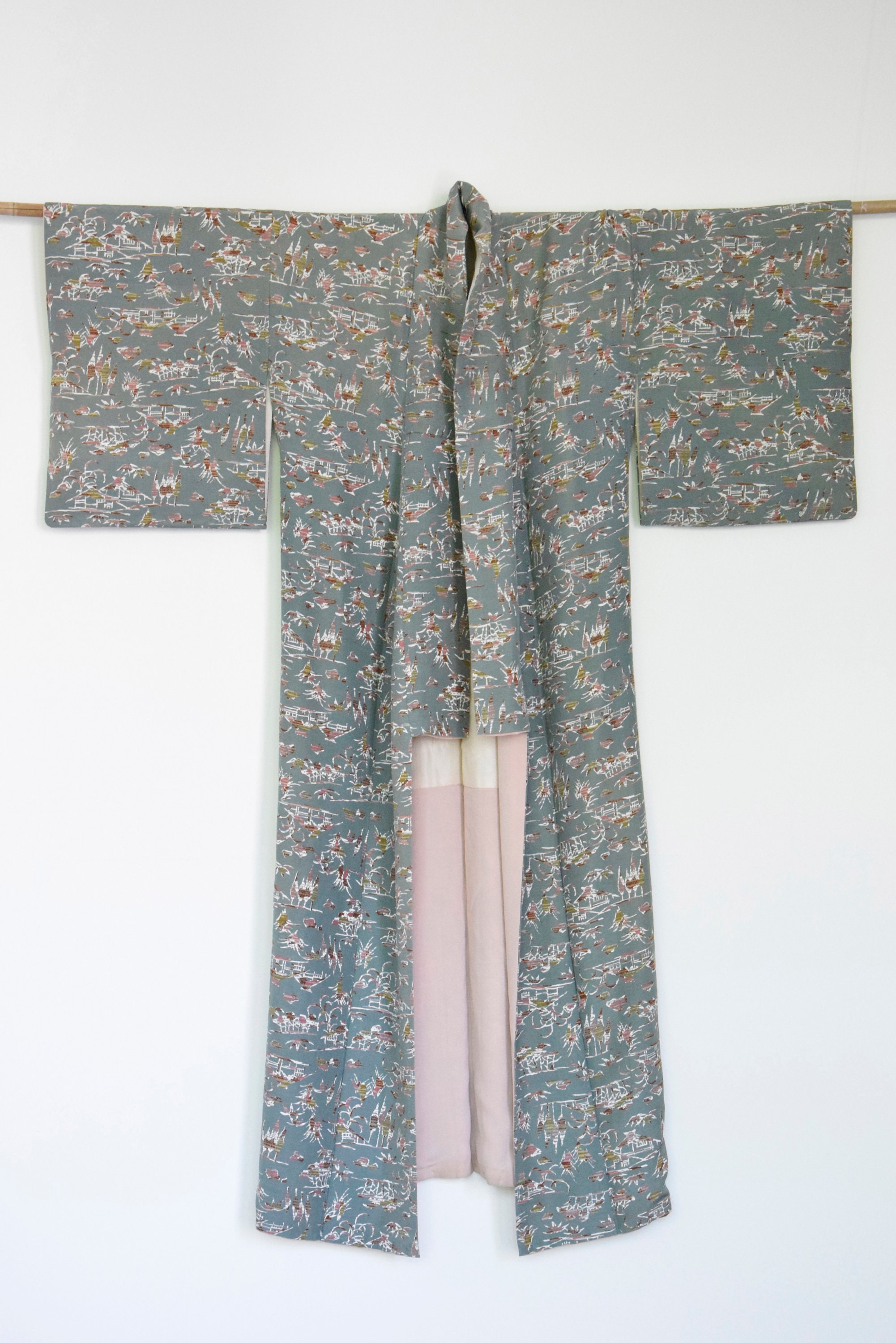 Vintage Silk Kimono blue with silk Obijime belt, Silk Kimono Robe ...