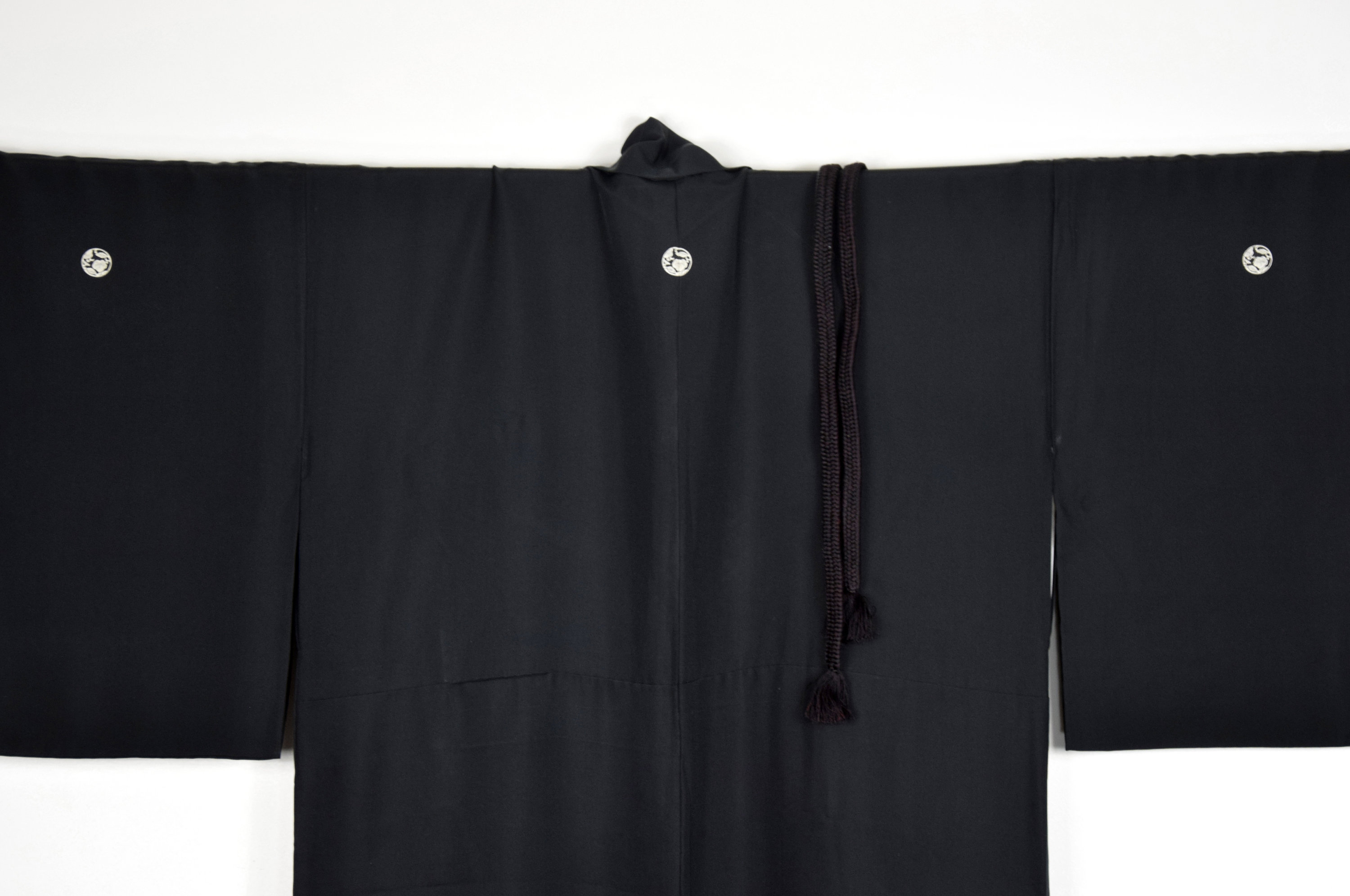 Japanese Vintage Kimono Robe Silk black with family crests and a silk hand braided Obijime belt