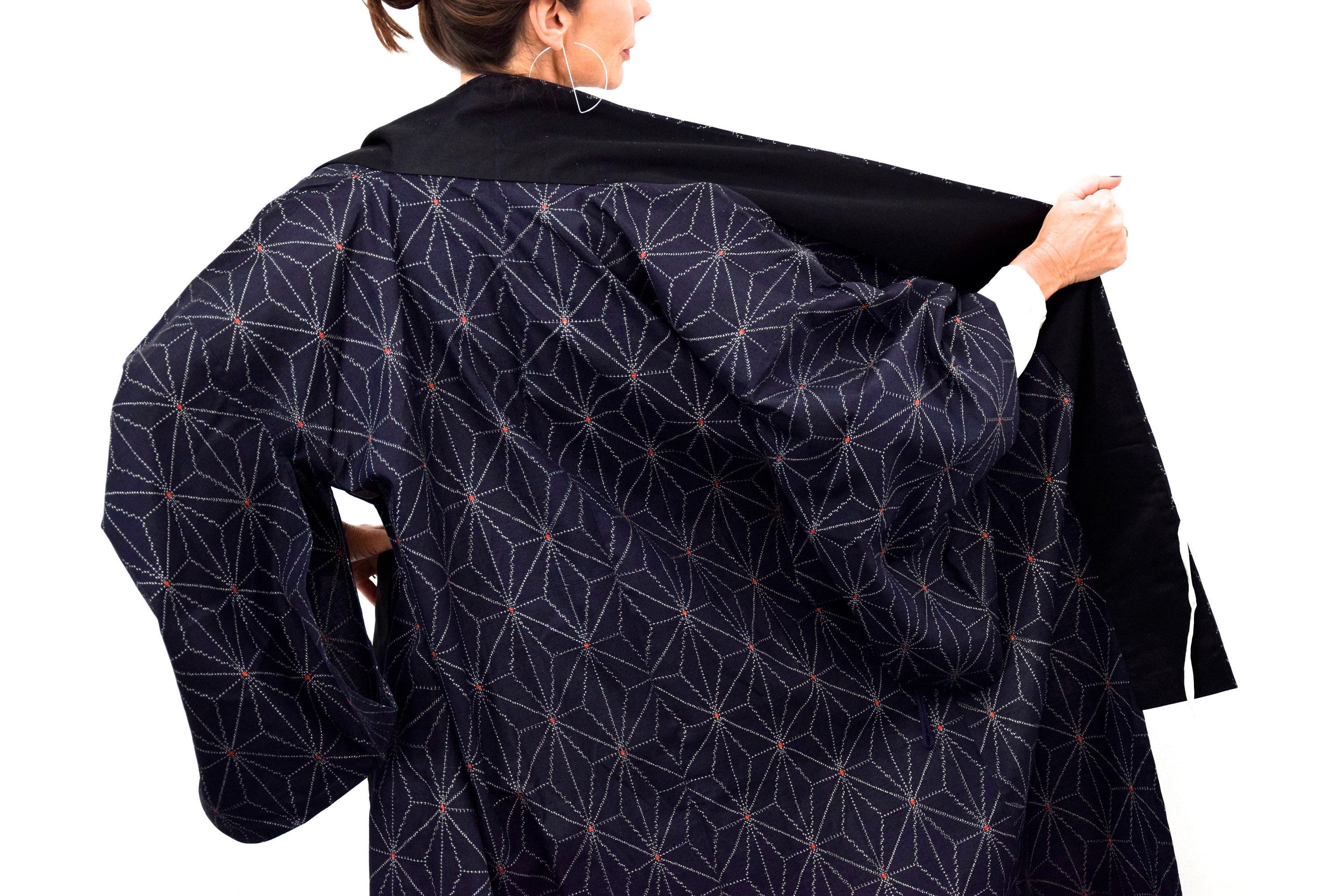 Kimono Coat, Japanese Vintage Kimono, blue, Ikat Pattern, unisex, Silk