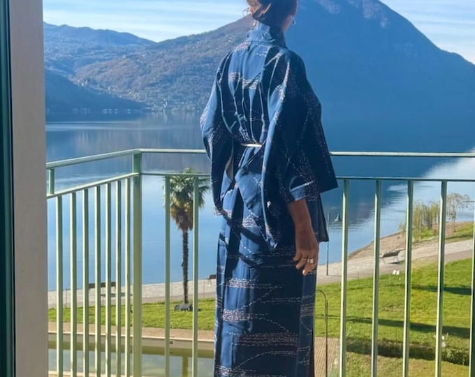 Japanese Silk Kimono Blue , Hand-Sewn,  Fully Silk-Lined, With Silk Obijime Belt