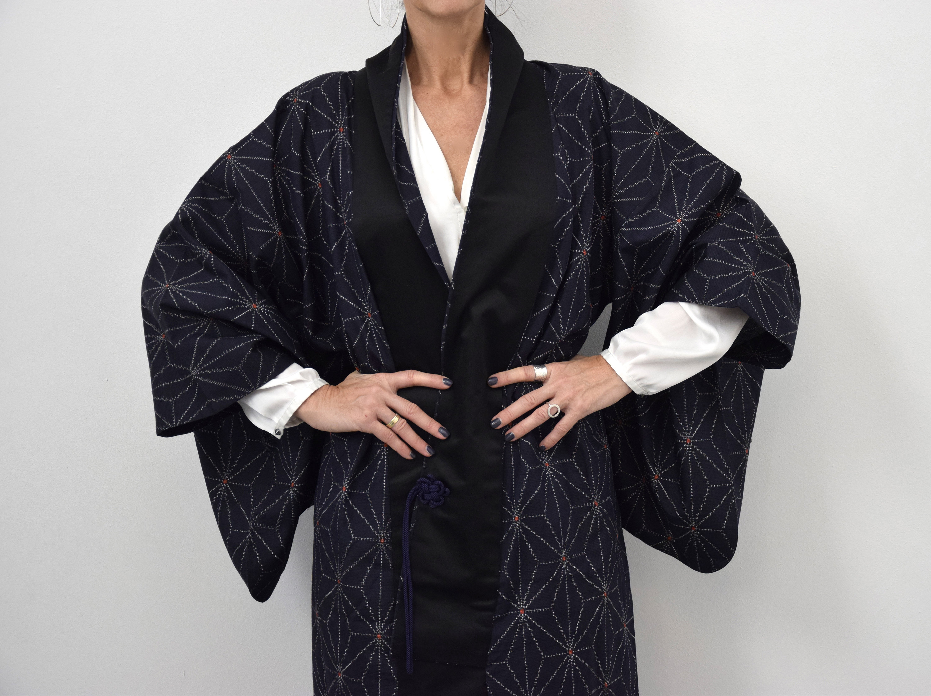 Kimono Coat, Japanese Vintage Kimono, blue, Ikat Pattern, unisex, Silk