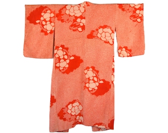 Antique Japanese Nagajyuban Kimono / red silk  / Shibori Batik / cleaned  / Tunic / Ladies Summer Coat / Kaftan / dressing gown