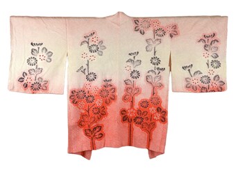 Japanese Jacket in beige and orange Shiori Batik, Haori, Silk Kimono Jacket,  hand sewn
