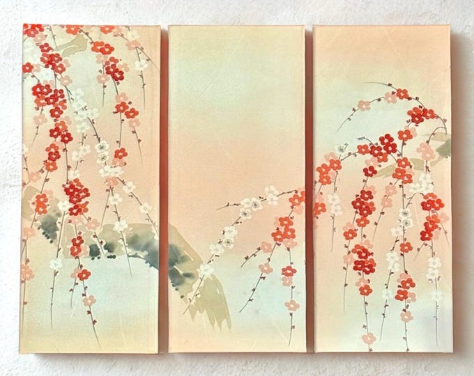 Japanese Kimono Silk Wall Art – Plum Blossom (UME) 3-Panel Decoration