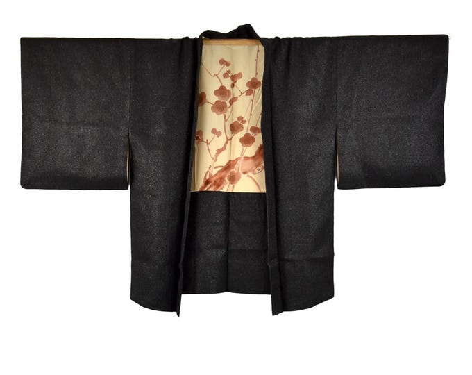Japanese Vintage Haori Jacket – Reversible with Artistic Lining,B lack Elegant Japanese Kimono Jacket, hand-sewn silk, Opera Evening