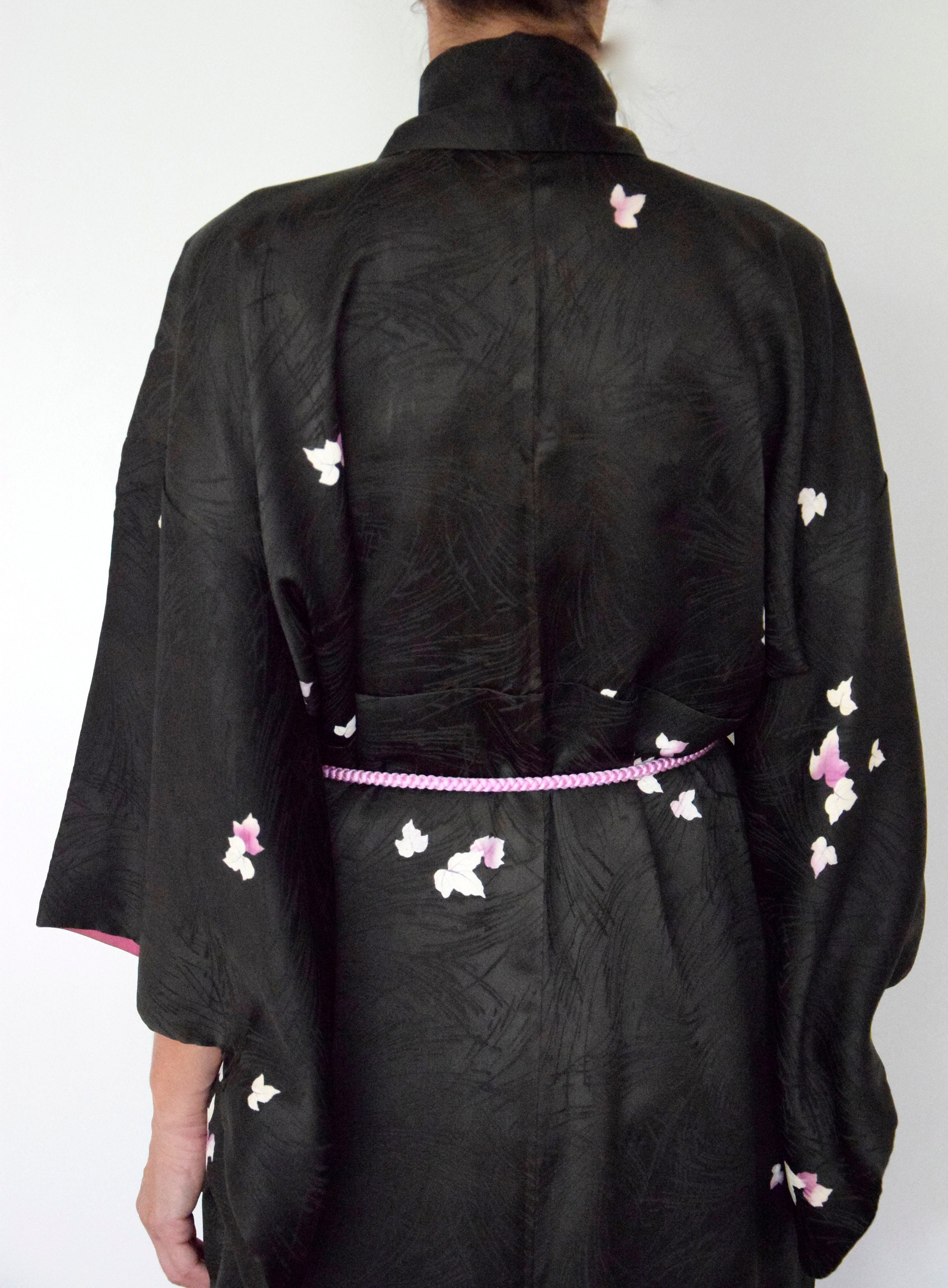 Japanese Vintage Kimono Robe Silk, black including Obijime (Kumihimo) belt, Silk Gown, Silk Robe