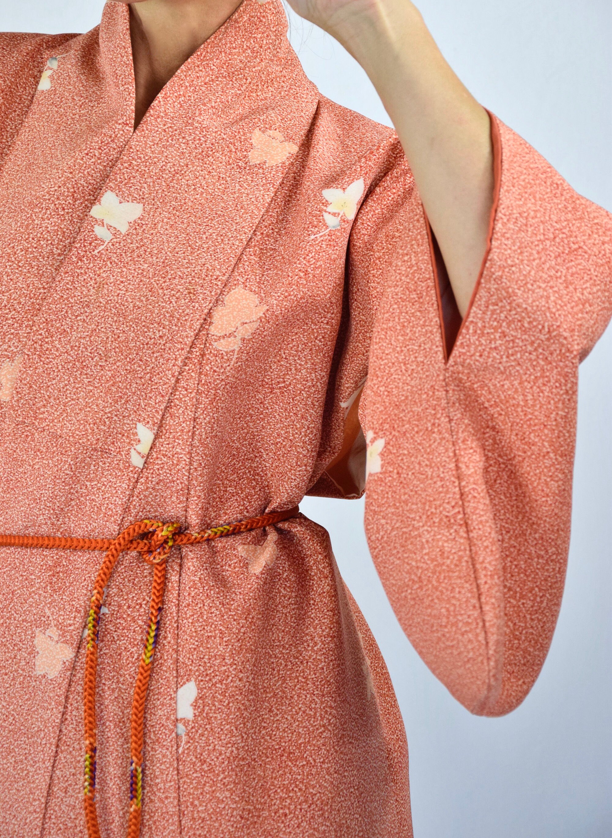 Cleaned Japanese Vintage Kimono Robe In Orange With Matching Obijime Belt Ready To Wear 