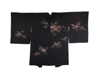 Black Elegant Japanese Kimono Jacket with flower pattern, Original Japanese Haori, hand-sewn silk, Opera Evening
