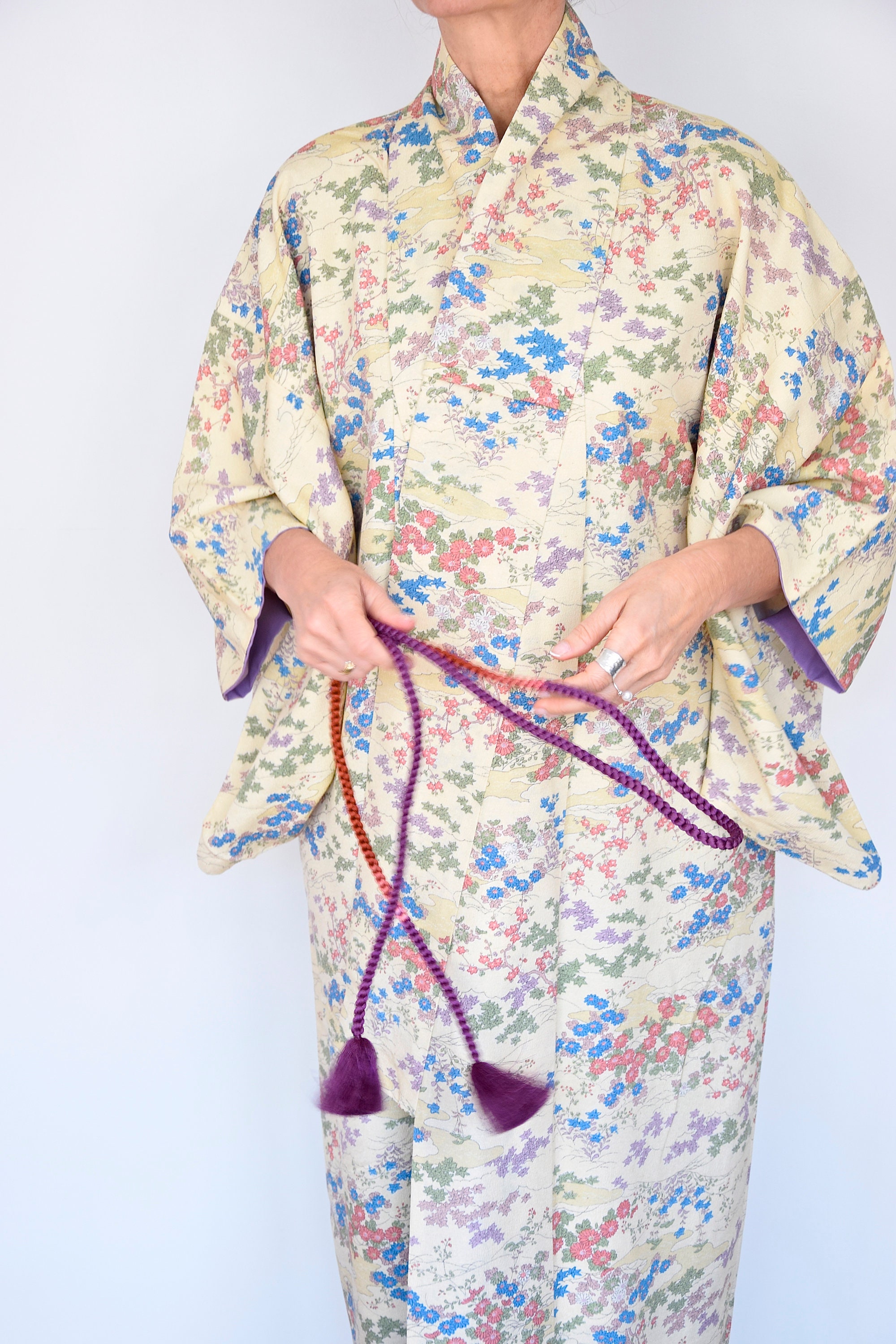 Japanese Vintage Kimono Robe Silk with flower pattern, Spring Kimono