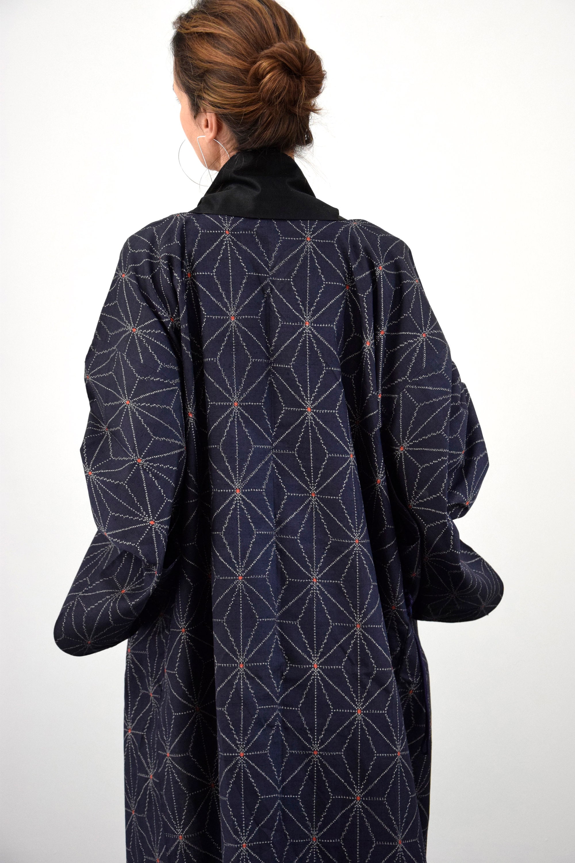 Kimono Coat, Japanese Vintage Kimono, blue, Ikat Pattern, unisex, Silk