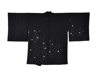 Black Elegant Japanese Kimono Jacket with woven in grass motif , Original Japanese Haori, hand-sewn silk, Opera Evening