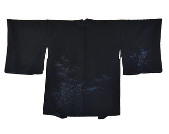 Elegant Black Jacket, Japanese Kimono Jacket with woven in landscape motif, Original Japanese Haori, hand-sewn silk, Evening Out
