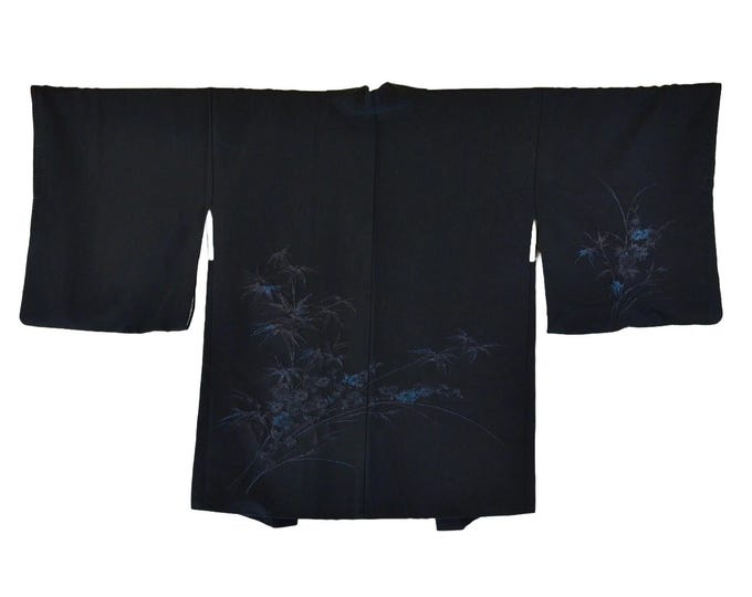 Elegant Black Jacket, Japanese Kimono Jacket with woven in landscape motif, Original Japanese Haori, hand-sewn silk, Evening Out