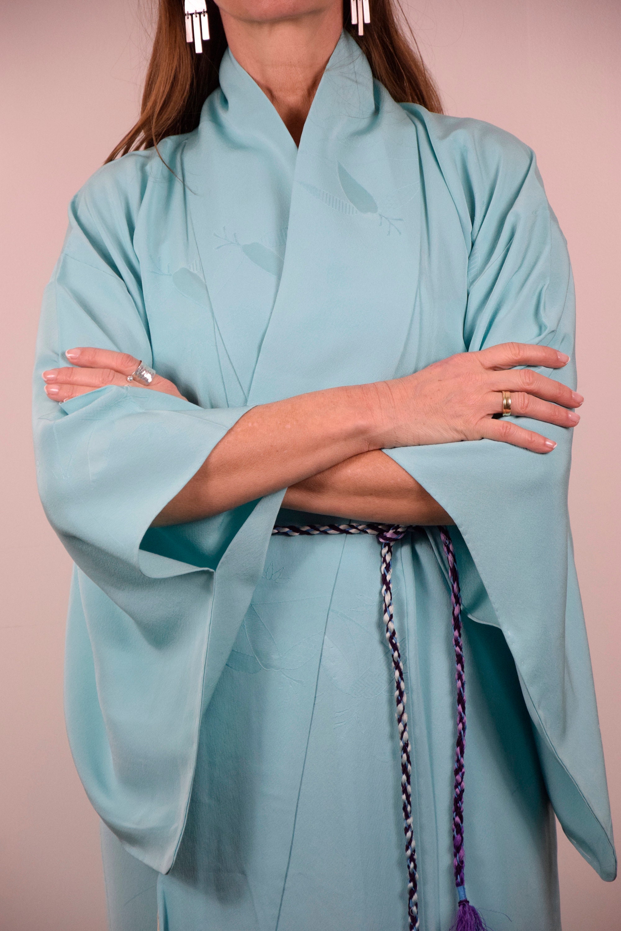 Japanese Vintage Kimono Robe Silk in turquoise blue with free Obijime ...