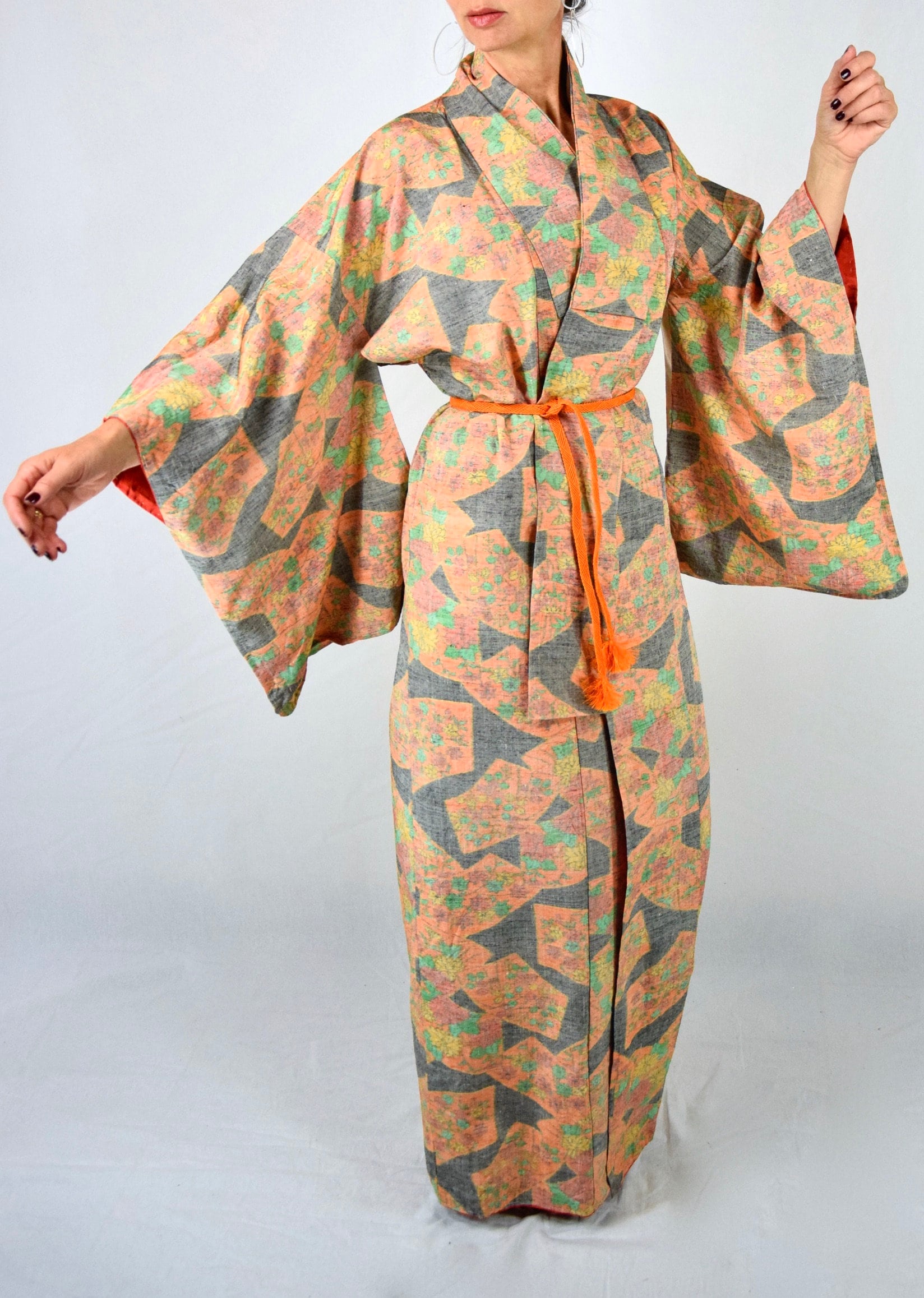 Cleaned Japanese Vintage Kimono Robe Silk with free Obijime belt, Silk