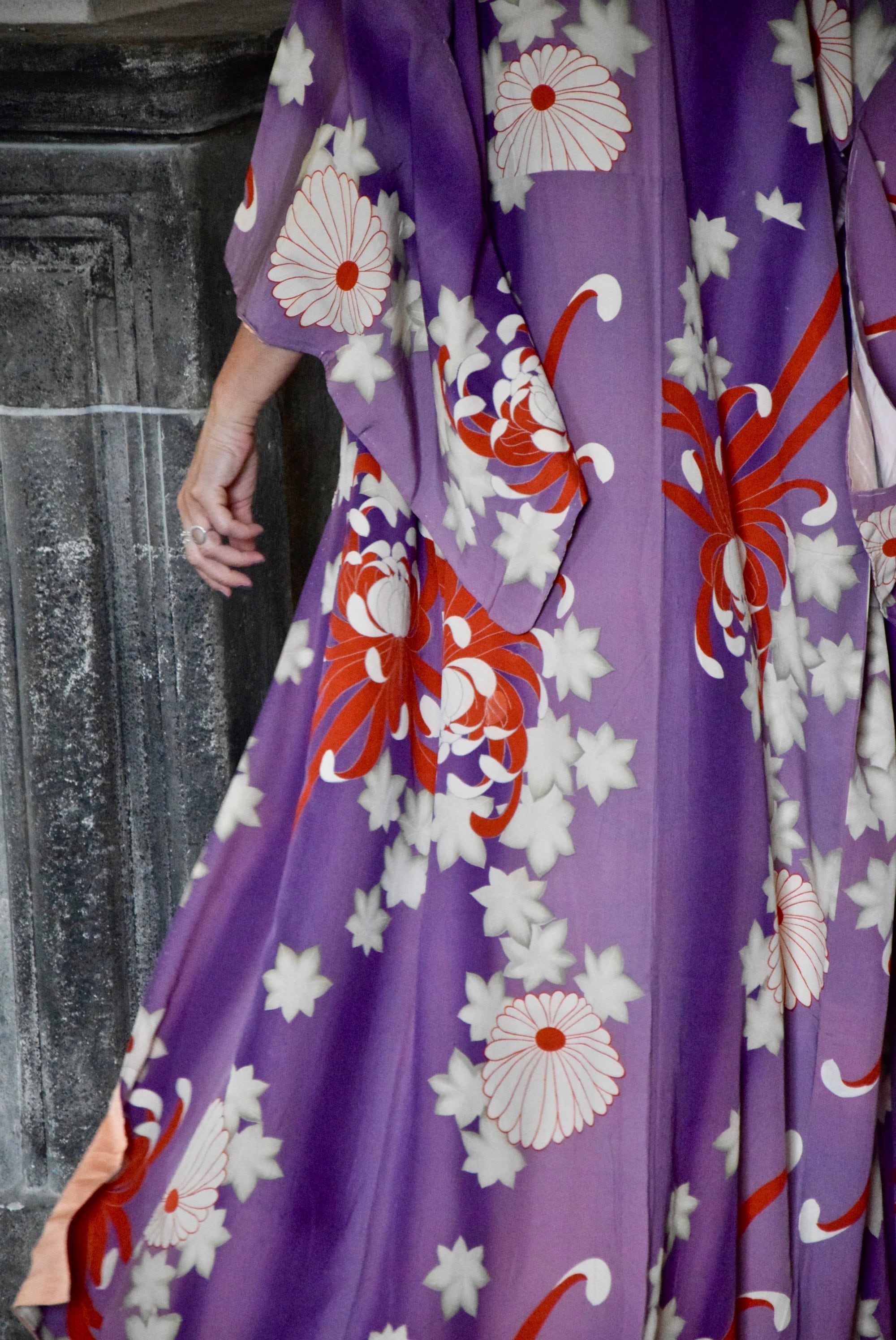 Antique Japanese Kimono Robe purple silk with lilies and chrysanthemums