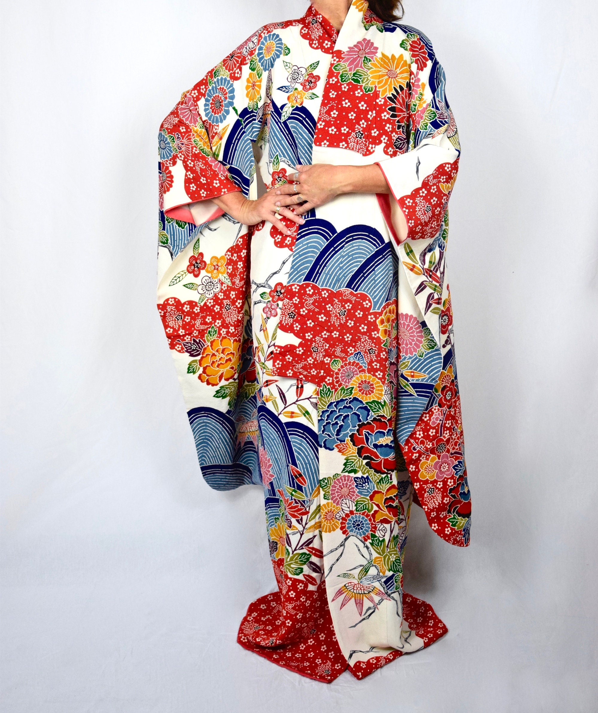 Japanese Okinawa Bingata Furisode Kimono, handprinted and painted ...
