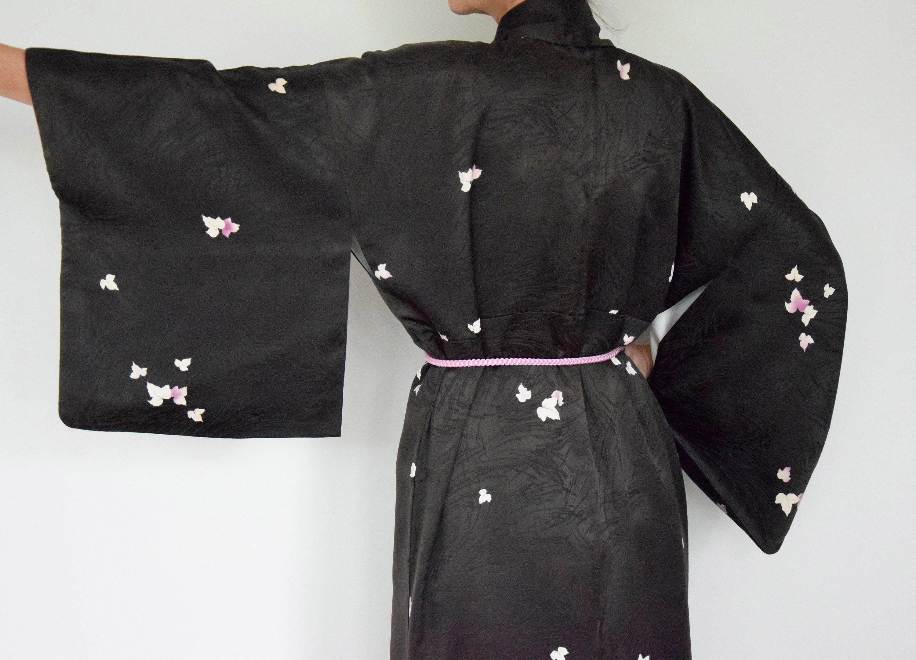 Japanese Vintage Kimono Robe Silk, black including Obijime (Kumihimo) belt, Silk Gown, Silk Robe