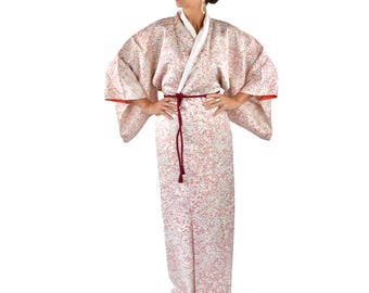 Japanese Kimono with beige leave pattern on pink colored fabric with silk belt  /easy care / dressing gown / Lounge Wear