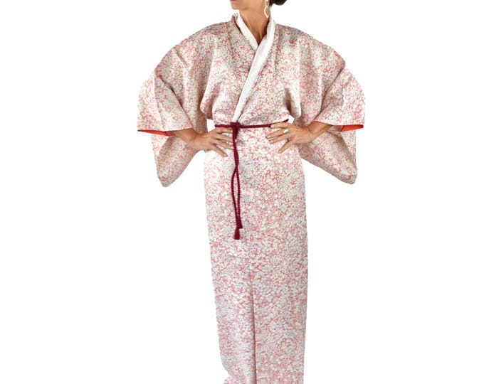 Japanese Kimono with beige leave pattern on pink colored fabric with silk belt  /easy care / dressing gown / Lounge Wear