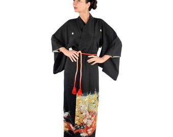 Black Japanese Silk Kimono – Floral Vintage Kimono with embroidered plum blossoms & Obijime Belt – Wearable Art