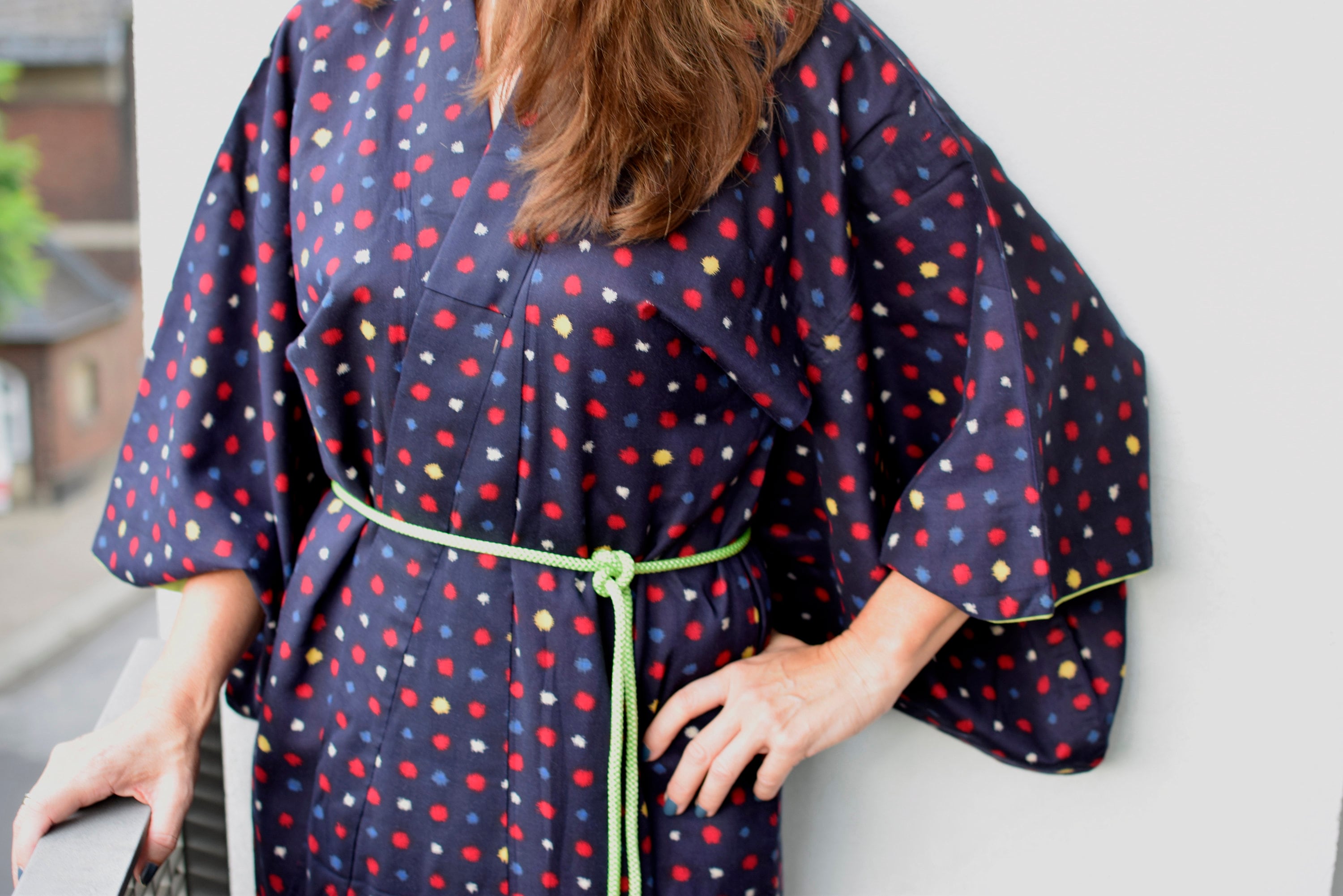 Vintage Kimono dark blue with dots and Belt, Kimono Robe, Coat, Boho