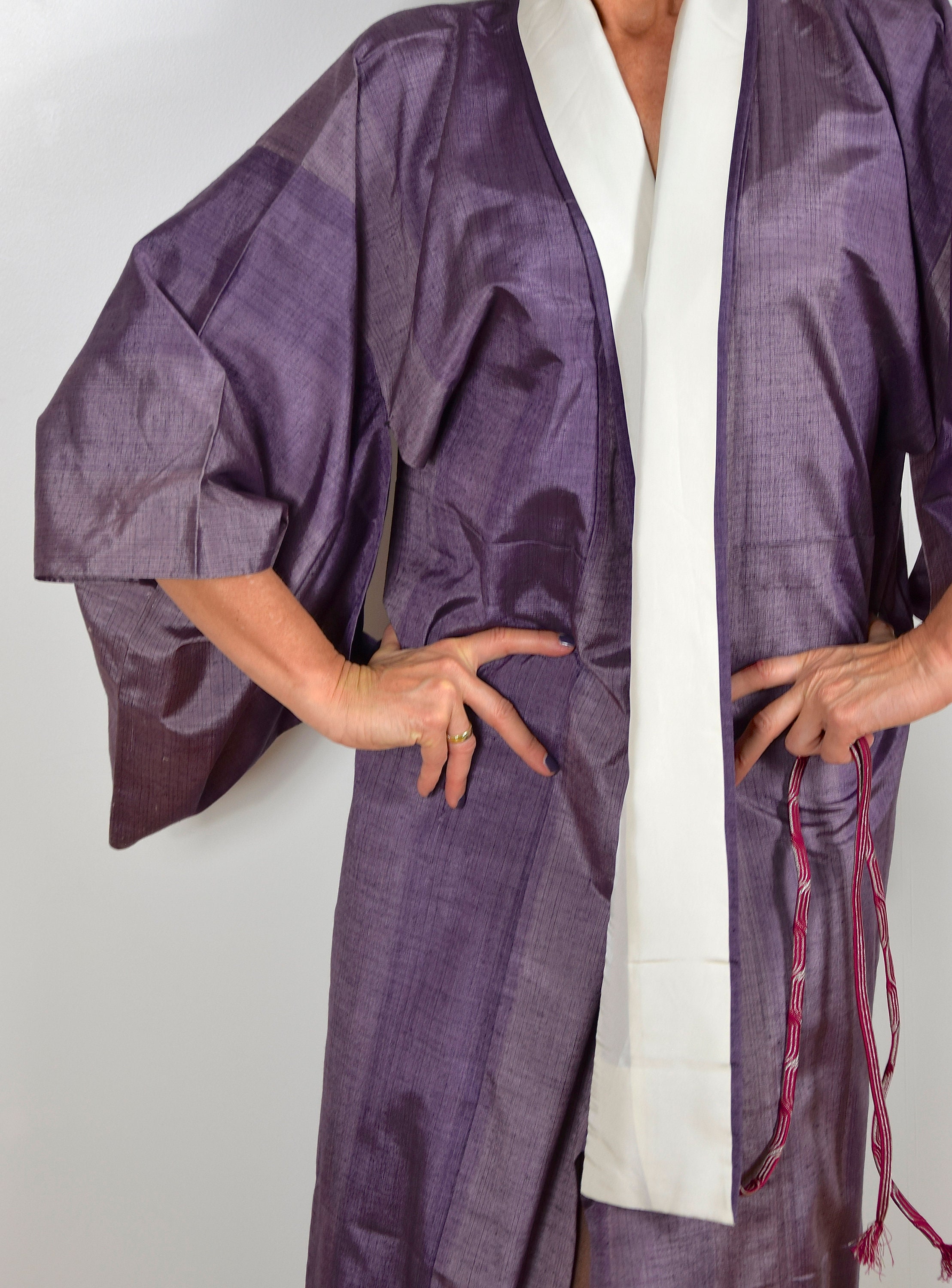 Japan Purple Robe Japanese Vintage Kimono Robe Silk in purple with free Obijime belt ...