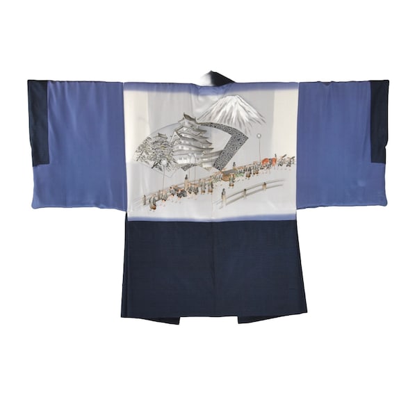 Veste kimono de haute qualité « Daimyo », Oshima Tsumugi Haori bleu-gris, kimono court japonais, veste de samouraï, décoration murale, mode durable,