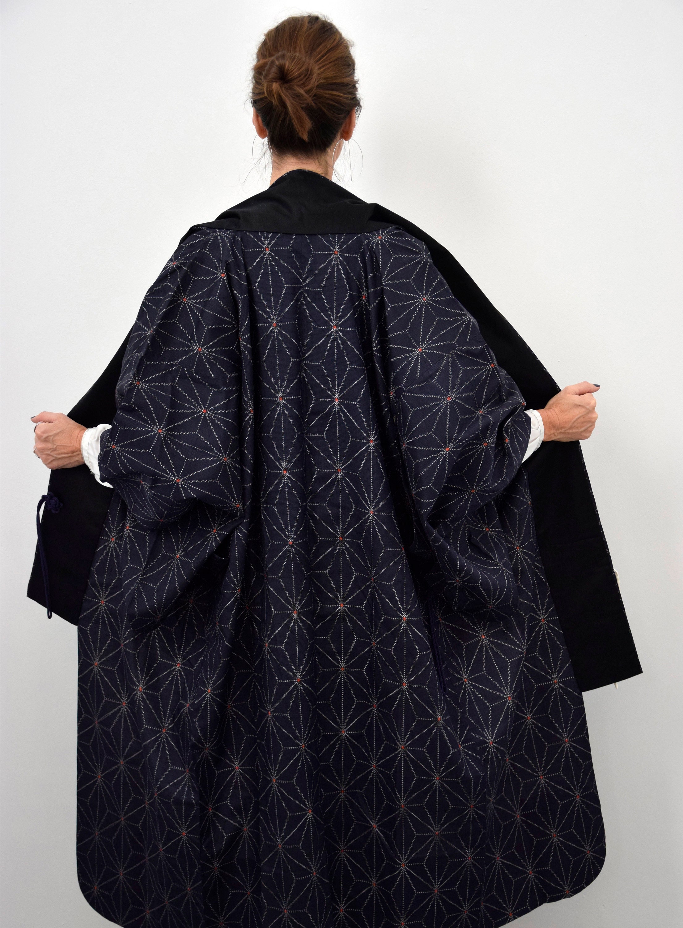 Kimono Coat, Japanese Vintage Kimono, blue, Ikat Pattern, unisex, Silk