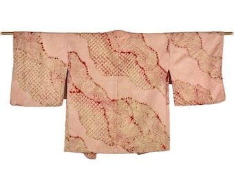 Cleaned Japanese Kimono Jacket/ orange green / Vintage Haori / Shibori Batik / Silk Kimono Jacket  / Wearable Art / Short Kimono