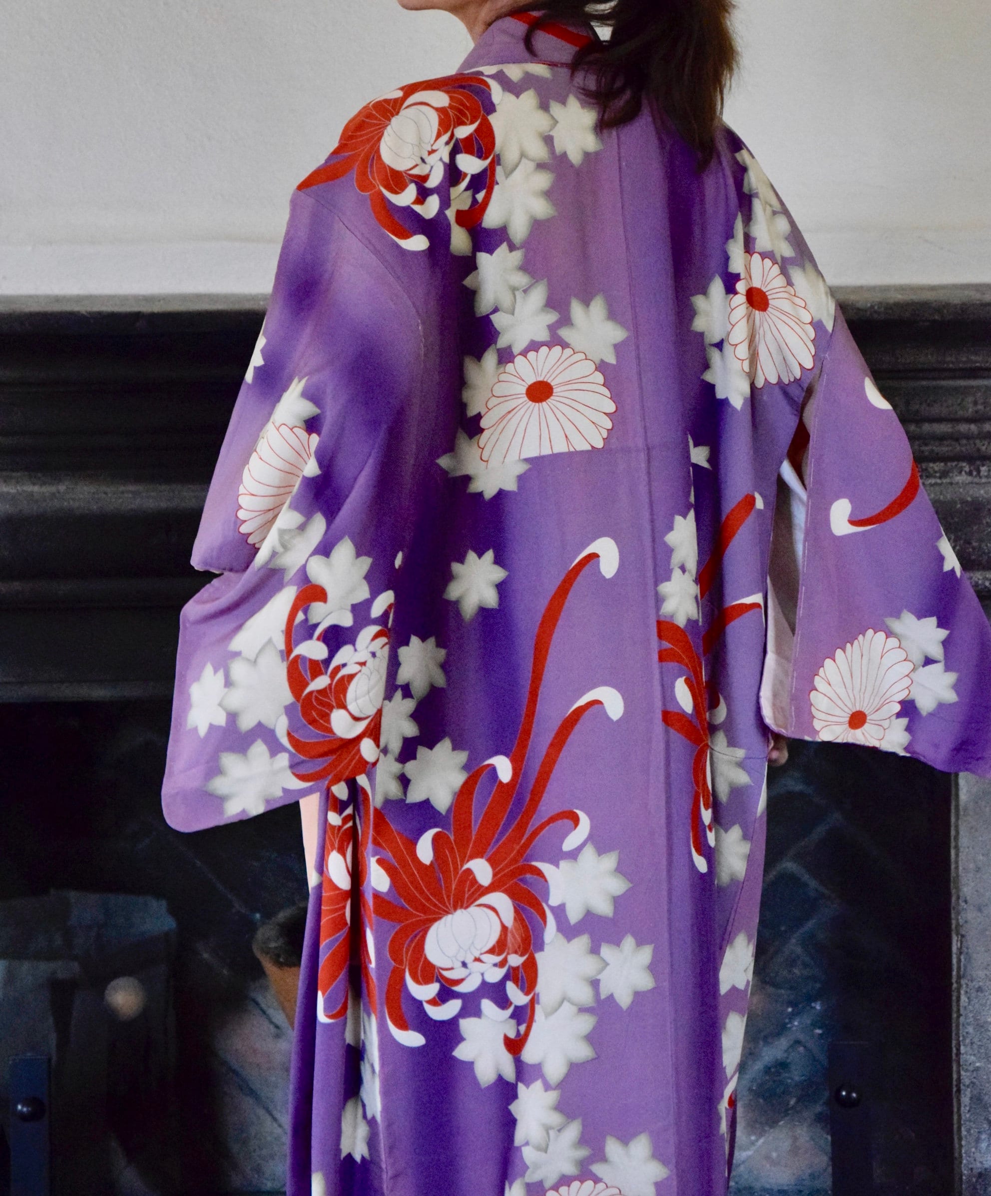 Antique Japanese Kimono Robe purple silk with lilies and chrysanthemums