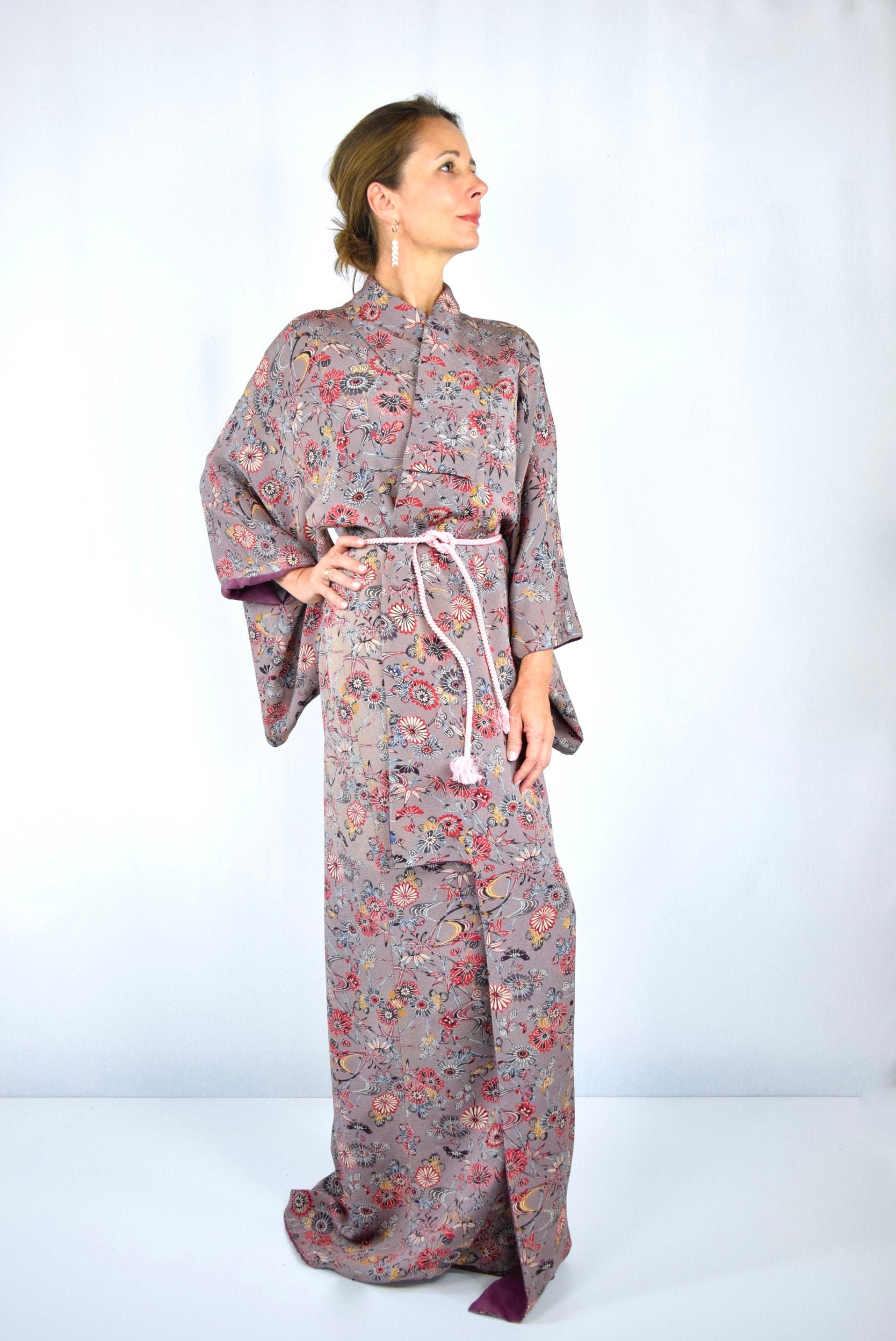 Japanese Vintage Kimono Robe with Obijime belt / cleaned and ready to