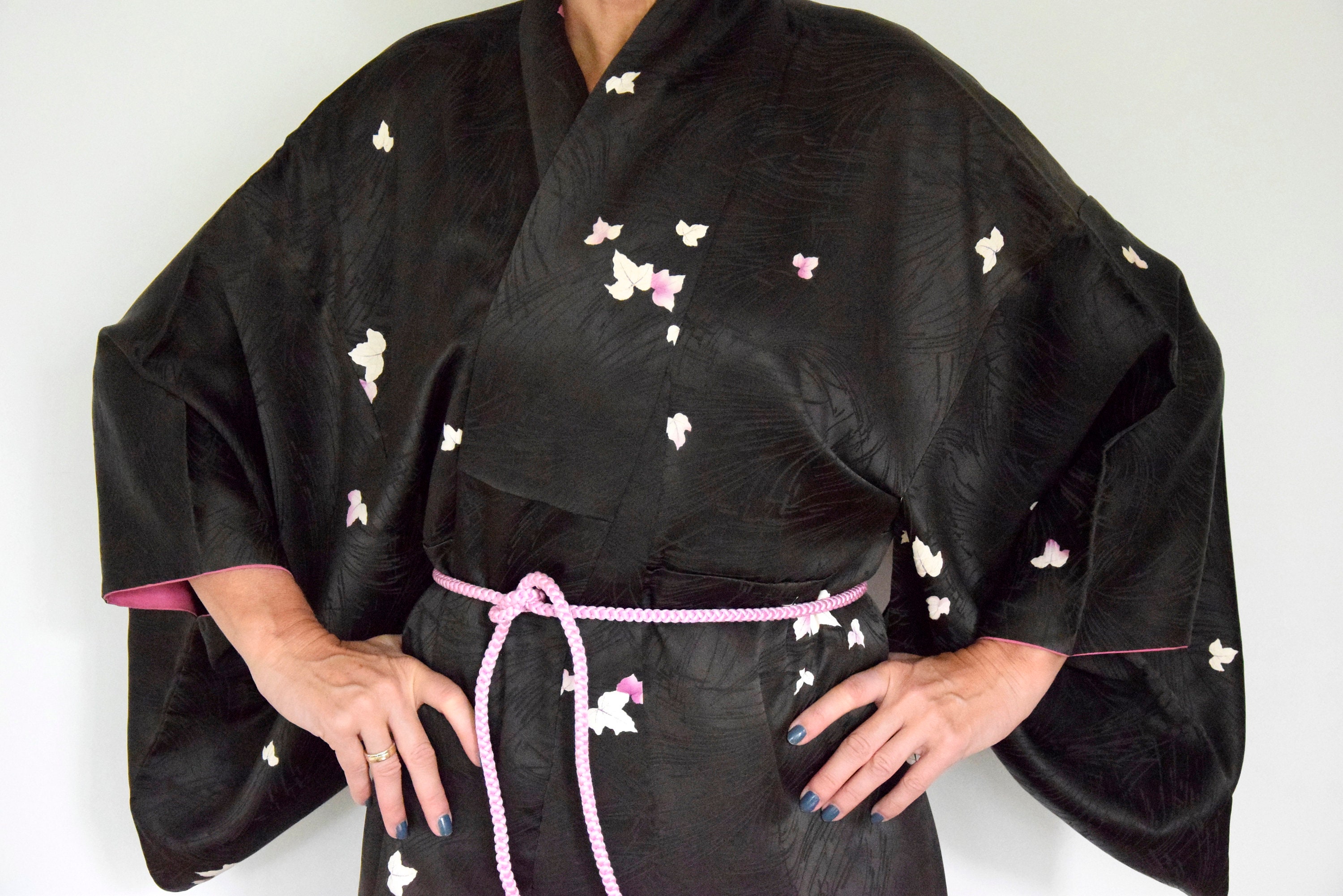 Japanese Vintage Kimono Robe Silk, black including Obijime (Kumihimo) belt, Silk Gown, Silk Robe