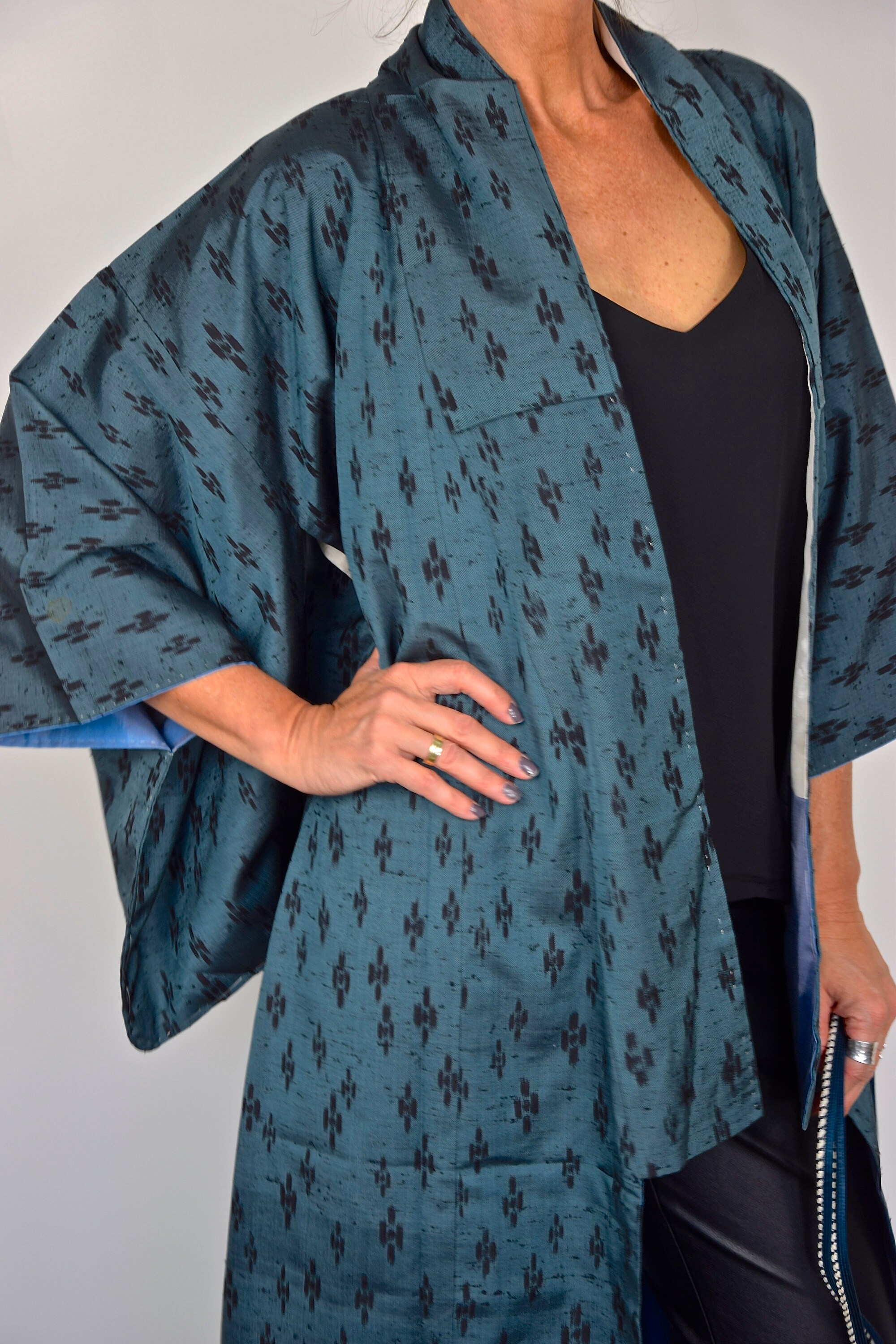 Vintage Kimono Ikat blue, unisex with Belt, Kimono Robe, Coat, Boho ...