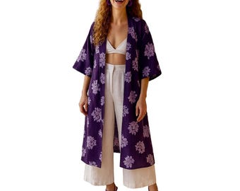 Purple Original Japanese Kimono with Kumihimo belt / Hitoe /cleaned Vintage / Japanese Handcraft / sexy dressing gown /  Silk Kumihimo Belt