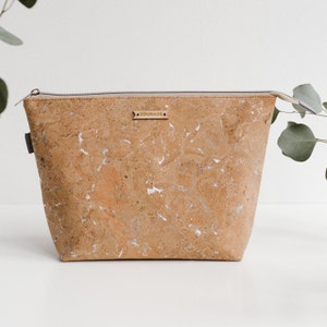 Cork Makeup Bag, Vegan Cosmetic Case, Travel Toiletries Bag, Natural Cork Pouch - SILVER