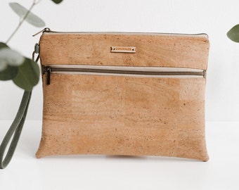Vegan Clutch Wristlet, Cork Tablet Sleeve, Double Zip Pouch For Tablet, Gifts for Brides - NATURAL