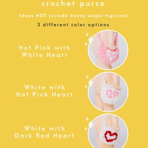 以下が含まれることがあります： 画像には、3つの異なる色の組み合わせの、かぎ針編みの財布が写っています。ホットピンクに白いハート、白にホットピンクのハート、白にダークレッドのハート。テキストには「this listing is for {one} crochet purse」と書かれています。