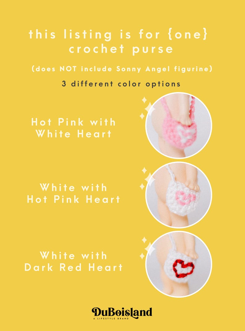以下が含まれることがあります： 画像には、3つの異なる色の組み合わせの、かぎ針編みの財布が写っています。ホットピンクに白いハート、白にホットピンクのハート、白にダークレッドのハート。テキストには「this listing is for {one} crochet purse」と書かれています。