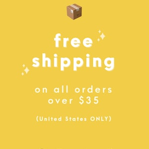 以下が含まれることがあります： 黄色い背景に、無料配送を宣伝する白い文字。テキストは「35ドル以上のすべての注文で送料無料」と「（米国のみ）」と書かれています。上部に小さな箱のグラフィックがあります。DuBoislandのロゴが一番下にあります。