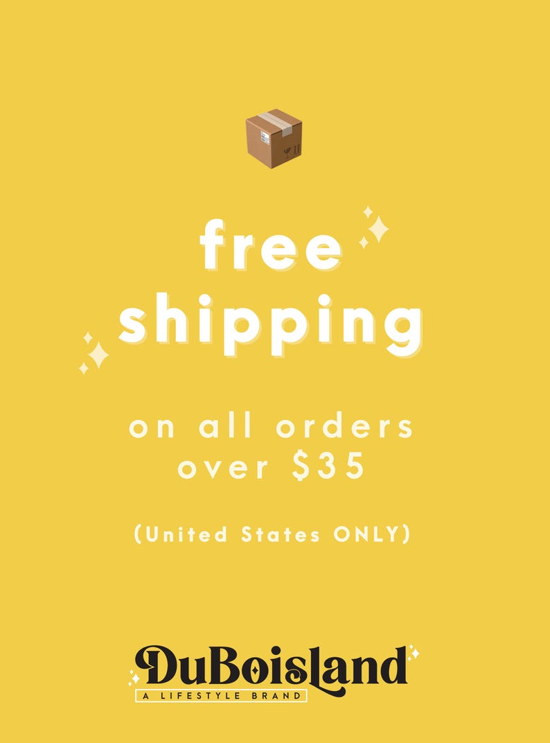 以下が含まれることがあります： 黄色い背景に、無料配送を宣伝する白い文字。テキストは「35ドル以上のすべての注文で送料無料」と「（米国のみ）」と書かれています。上部に小さな箱のグラフィックがあります。DuBoislandのロゴが一番下にあります。