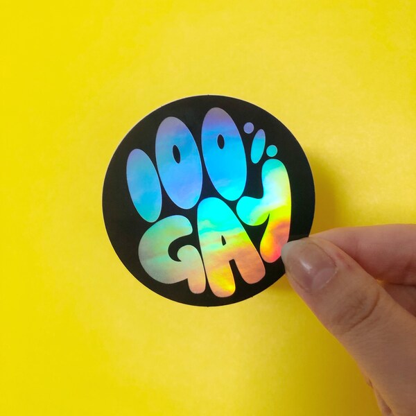 100% Gay Silver Holographic Sticker, 100 Percent Gay LGBTQ Queer Pride Sticker, LGBTQ+ Pride one hundred percent gay circle sticker