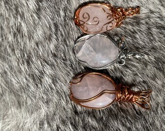 Fancy wrapped rose quartz pendants
