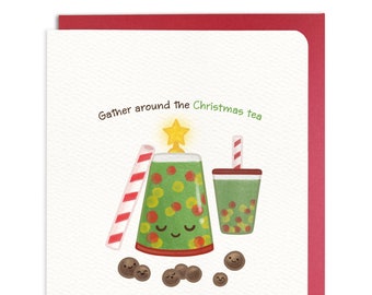 Holiday card "Gather Around the Christmas Tea" – Bubble Tea, Boba, Matcha Green Tea, Tapioca, Christmas, Asian Drinks, Punny Greeting Card