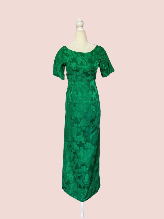 1960s Emma Domb Emerald Green Satin Brocade Maxi … - image 1